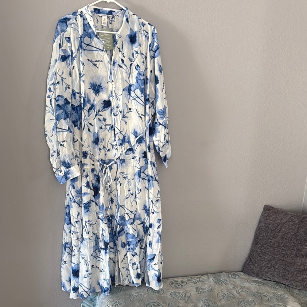 H&M oversized viscose blend crinkled gauzy Blue Floral Maxi Dress watercolor - Picture 3 of 12